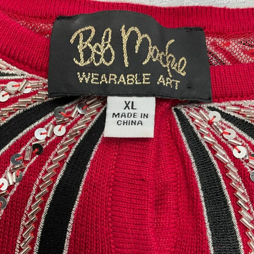 Bob Mackie Wearable Art XL Red‎ Cardigan Sweater A92676